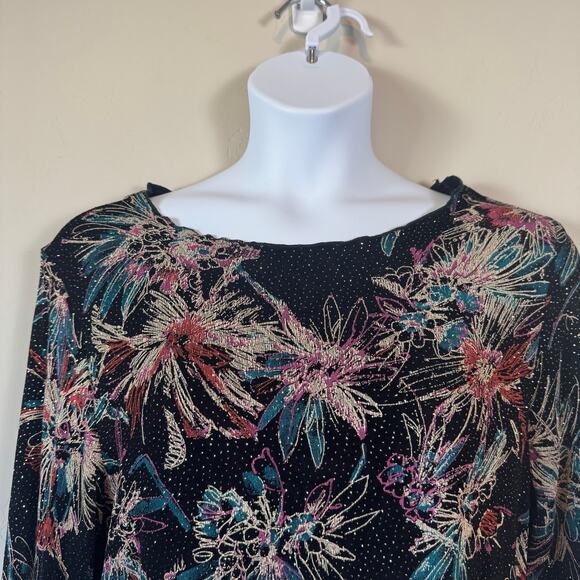 All Hours Sz L Lurex Glitter Floral Print Crinkle Texture Ruffle Trim Top Blouse - Picture 3 of 10